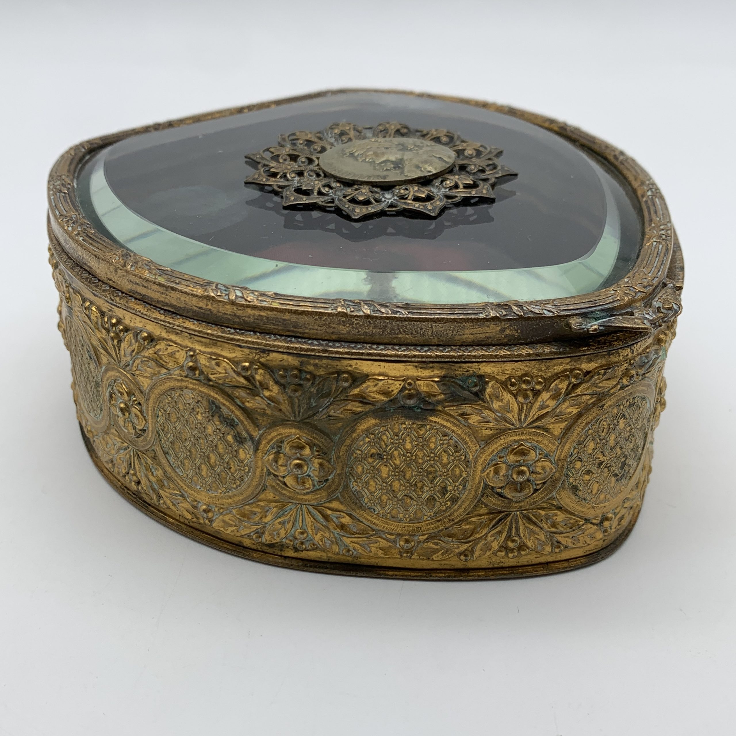 Antique French Bevelled Glass & Brass Jewellery Box - Image 3