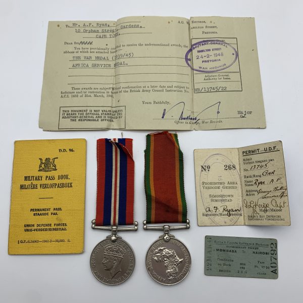 WW2 – S. African Medal Pair to ‘A.F. RYAN’ (Incl. Documents)