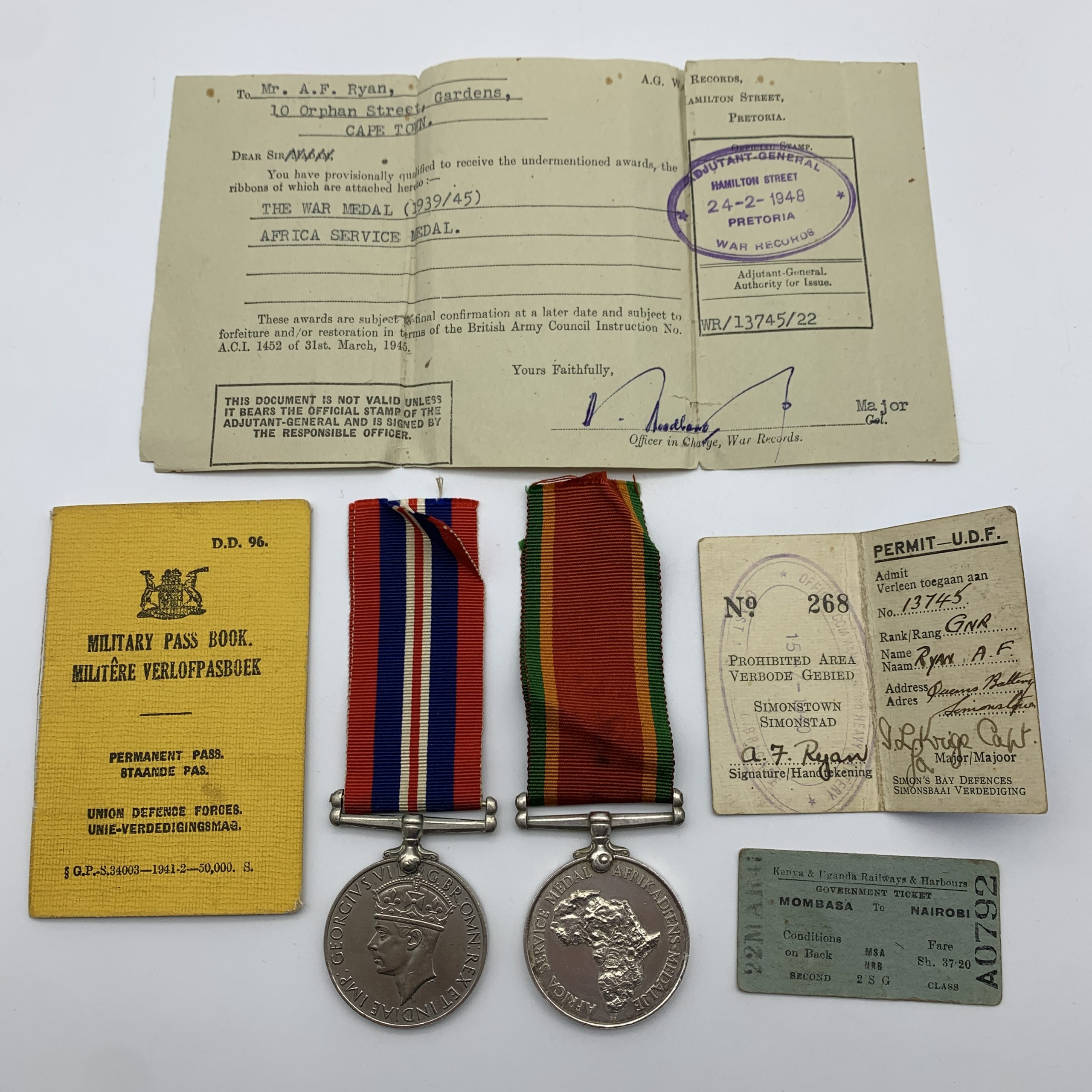 WW2 – S. African Medal Pair to ‘A.F. RYAN’ (Incl. Documents)