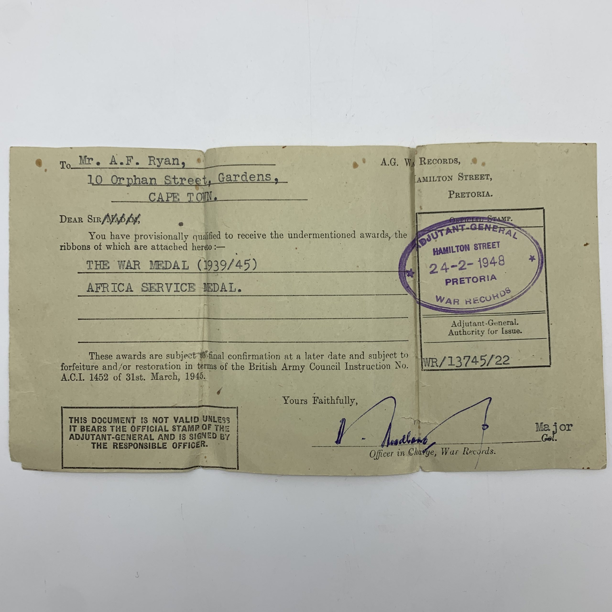 WW2 – S. African Medal Pair to ‘A.F. RYAN’ (Incl. Documents) - Image 8