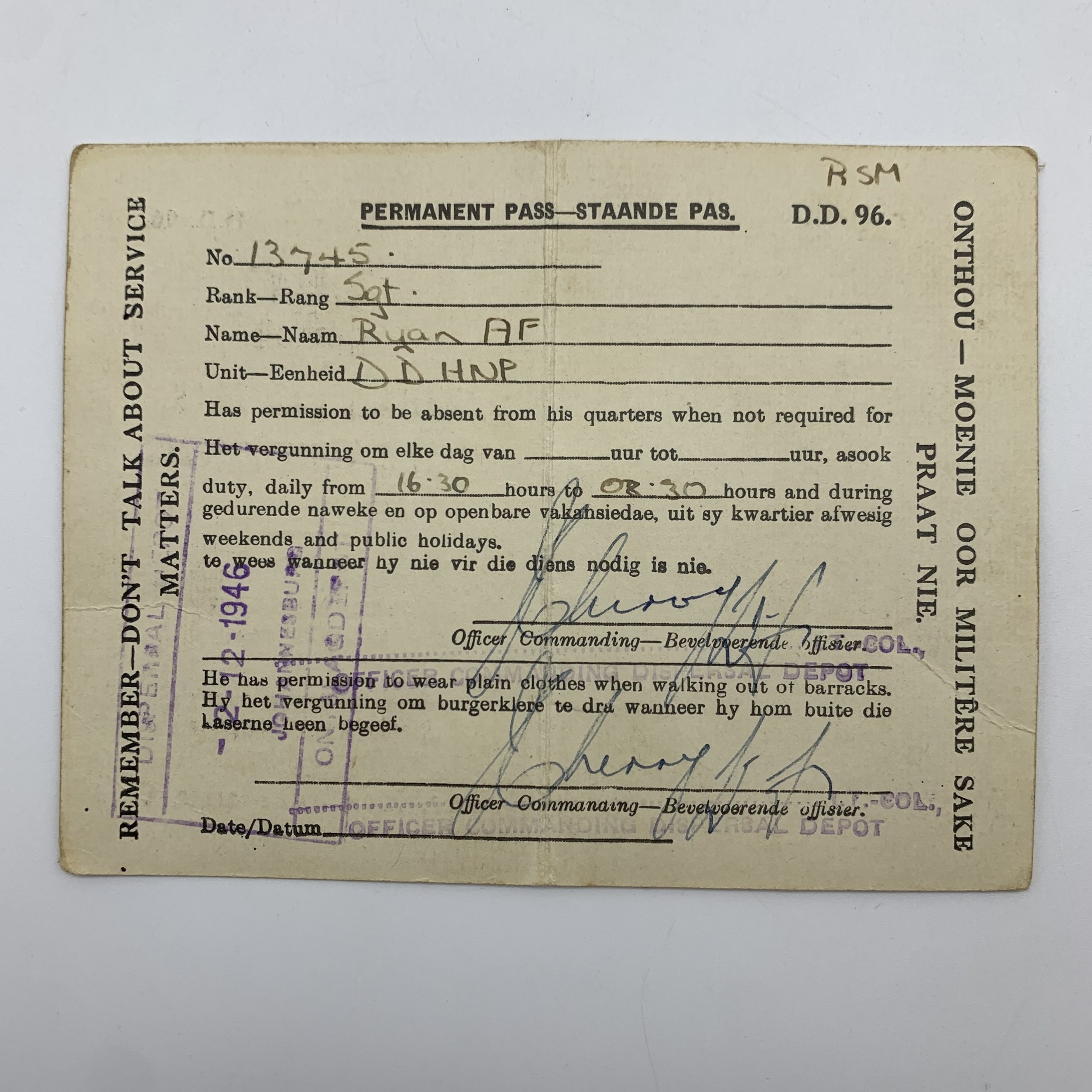 WW2 – S. African Medal Pair to ‘A.F. RYAN’ (Incl. Documents) - Image 7