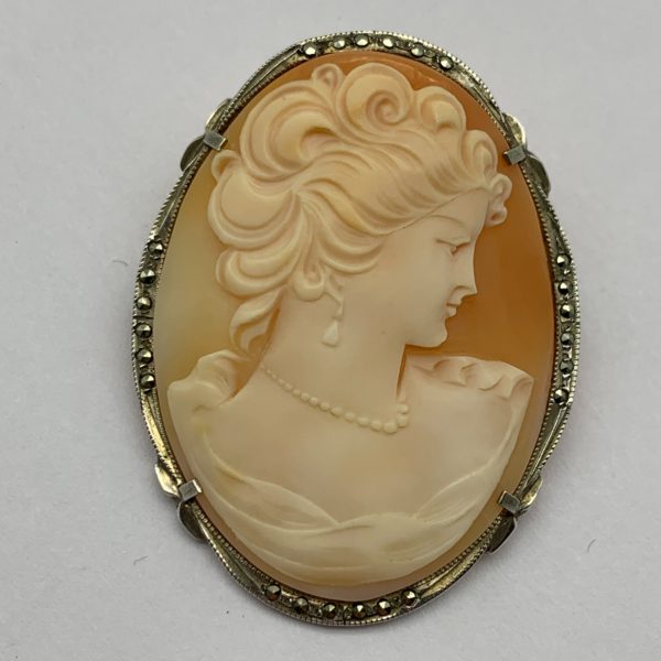 Large Silver & Marcasite Cameo Brooch