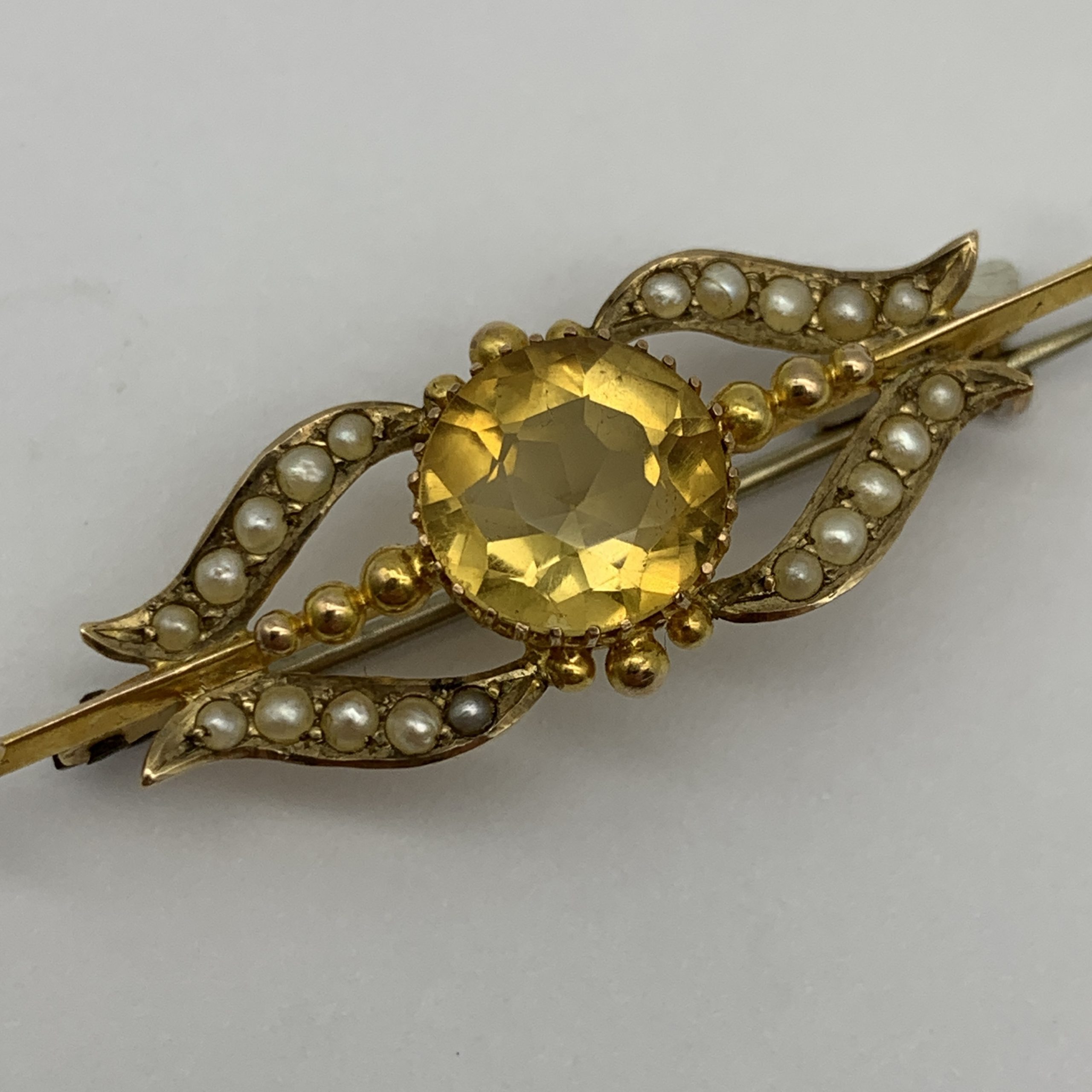 Antique Gold, Citrine & Seed Pearl Brooch - Image 2
