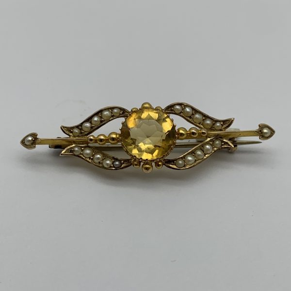 Antique Gold, Citrine & Seed Pearl Brooch