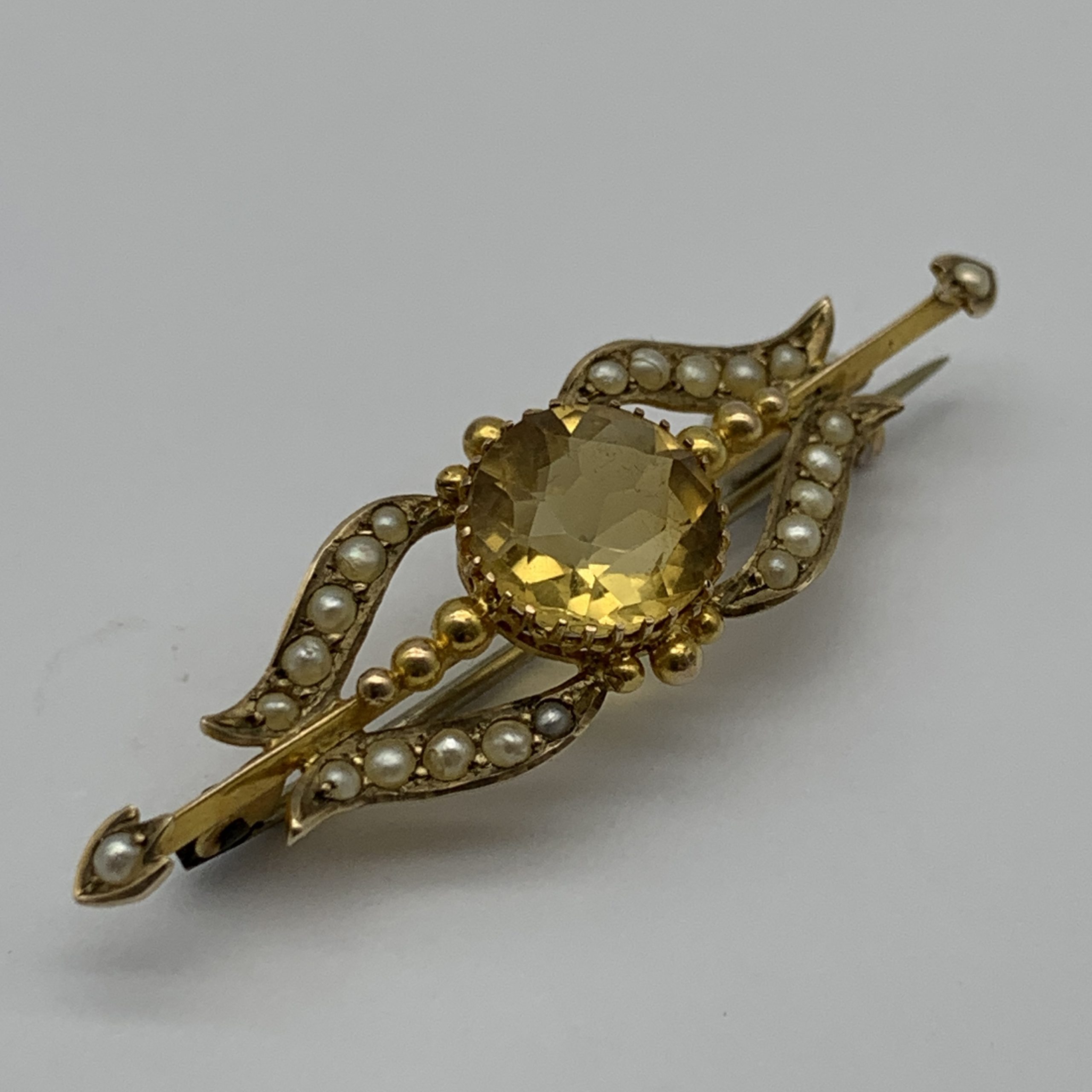 Antique Gold, Citrine & Seed Pearl Brooch - Image 3