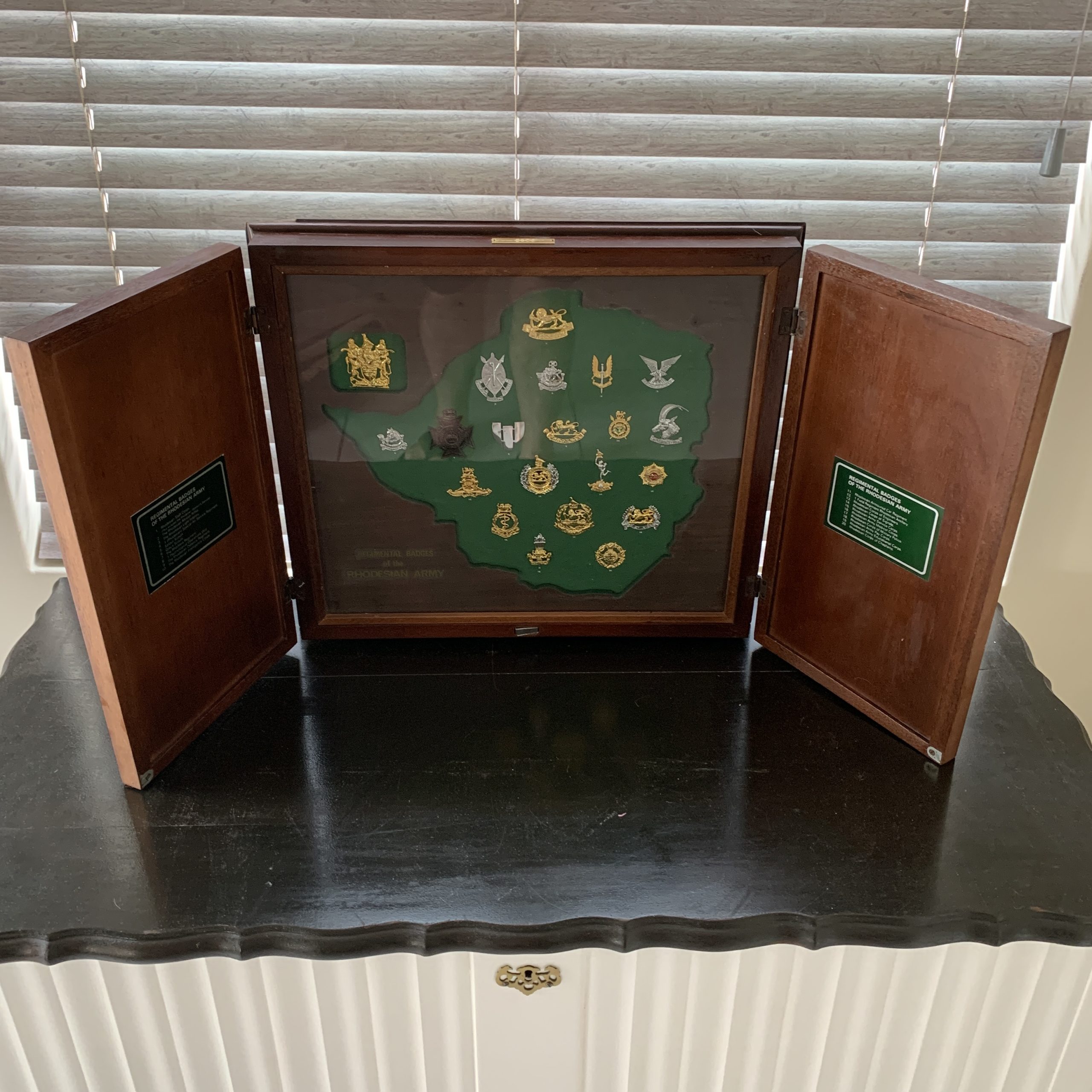 Display Cabinet of ‘Rhodesian’ Regimental Badges (Ltd Number)