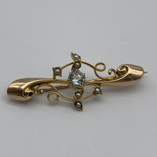 Antique 15ct Gold Aquamarine & Pearl Brooch  