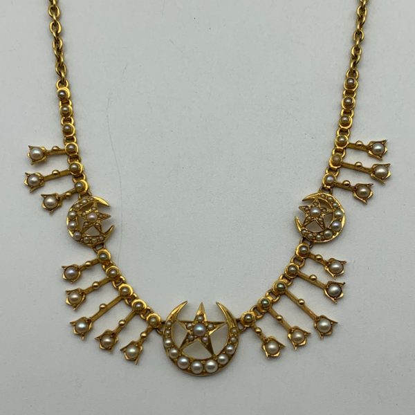 Victorian 18ct Gold Seed Pearl Crescent & Star Necklace